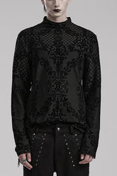 Black High Collar Long Sleeves Flocking Print Mens Gothic T-Shirt